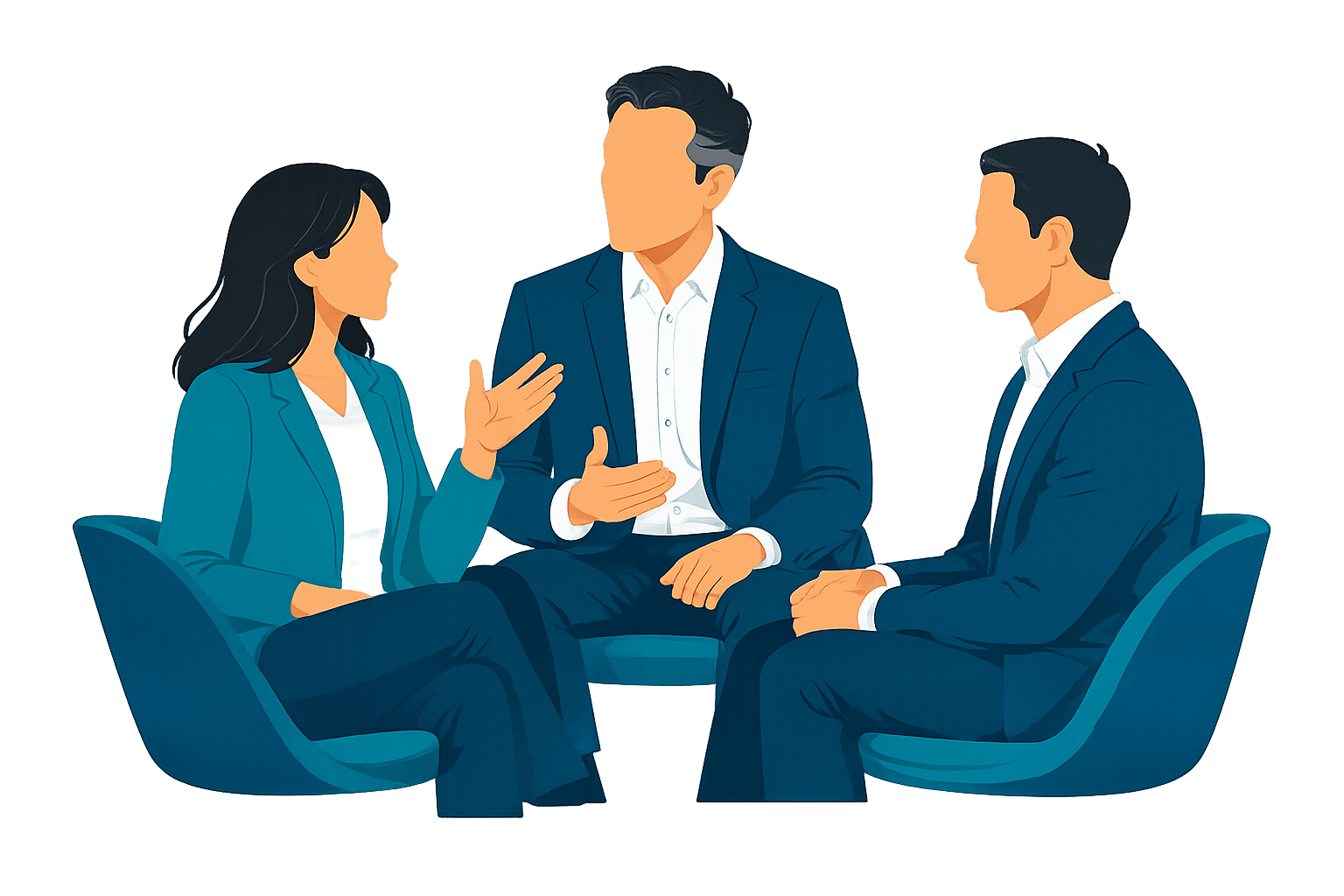 Three business professionals discuss market credibility and growth, with an insight lens and connected signal paths representing thought leadership, ecosystem alignment, and measurable market impact.