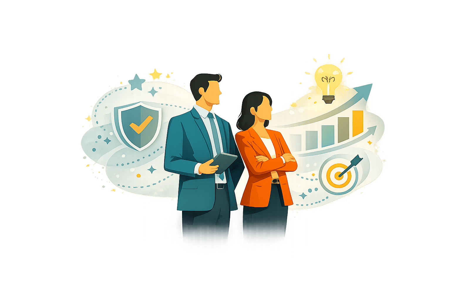 who senior executives stand with abstract credibility, growth, and perception signals, representing leadership voice, message clarity, and trust-building for business growth.