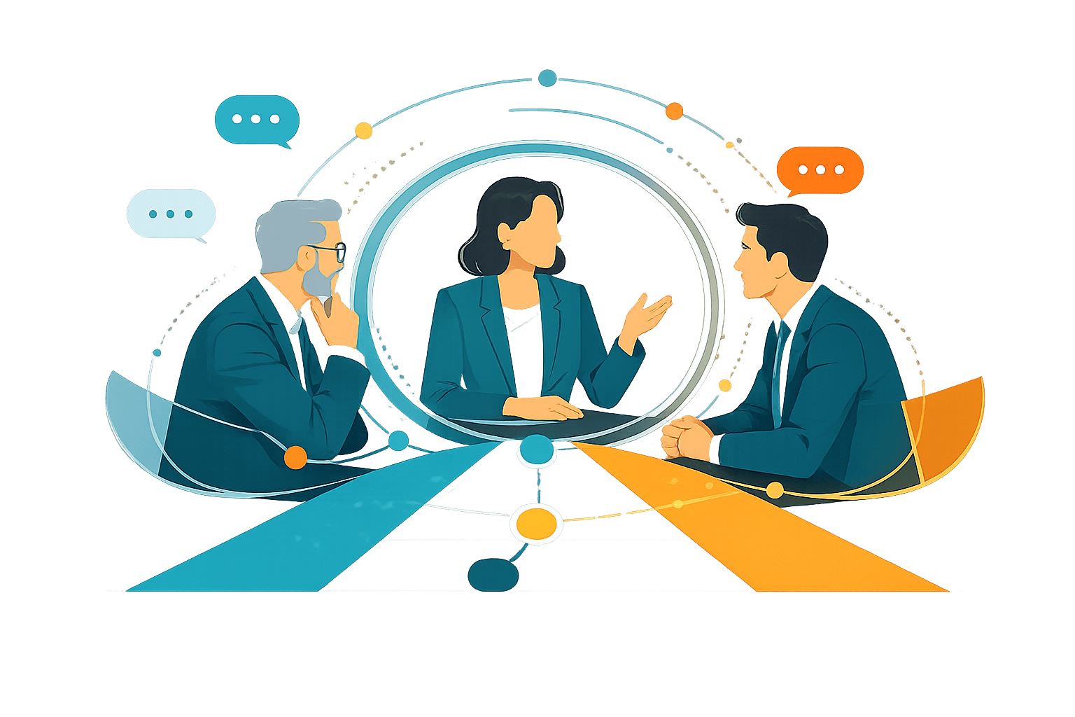 Three business leaders discuss leadership voice and market perception, with abstract conversation bubbles, signal paths, and focused visibility elements representing credibility, trust, and opportunity.