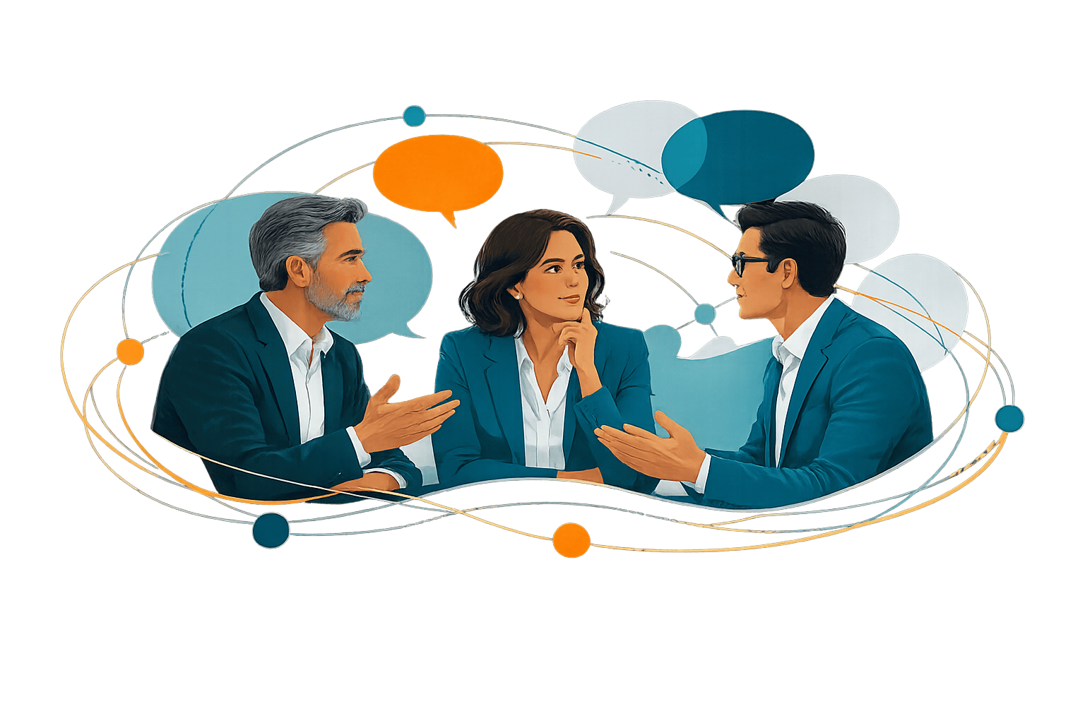 Three senior business leaders in conversation, surrounded by abstract speech bubbles and connected signal lines, representing leadership voice, trust, and industry influence through genuine storytelling.