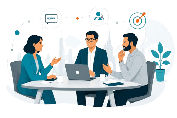 Professional at laptop with call, chat, and email contact options.