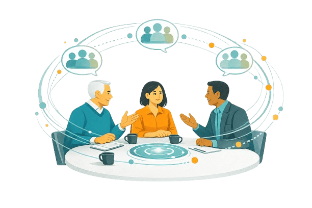 Three executives in a calm roundtable discussion, surrounded by connected community signals that represent trusted dialogue, shared clarity, and long-term leadership alignment.