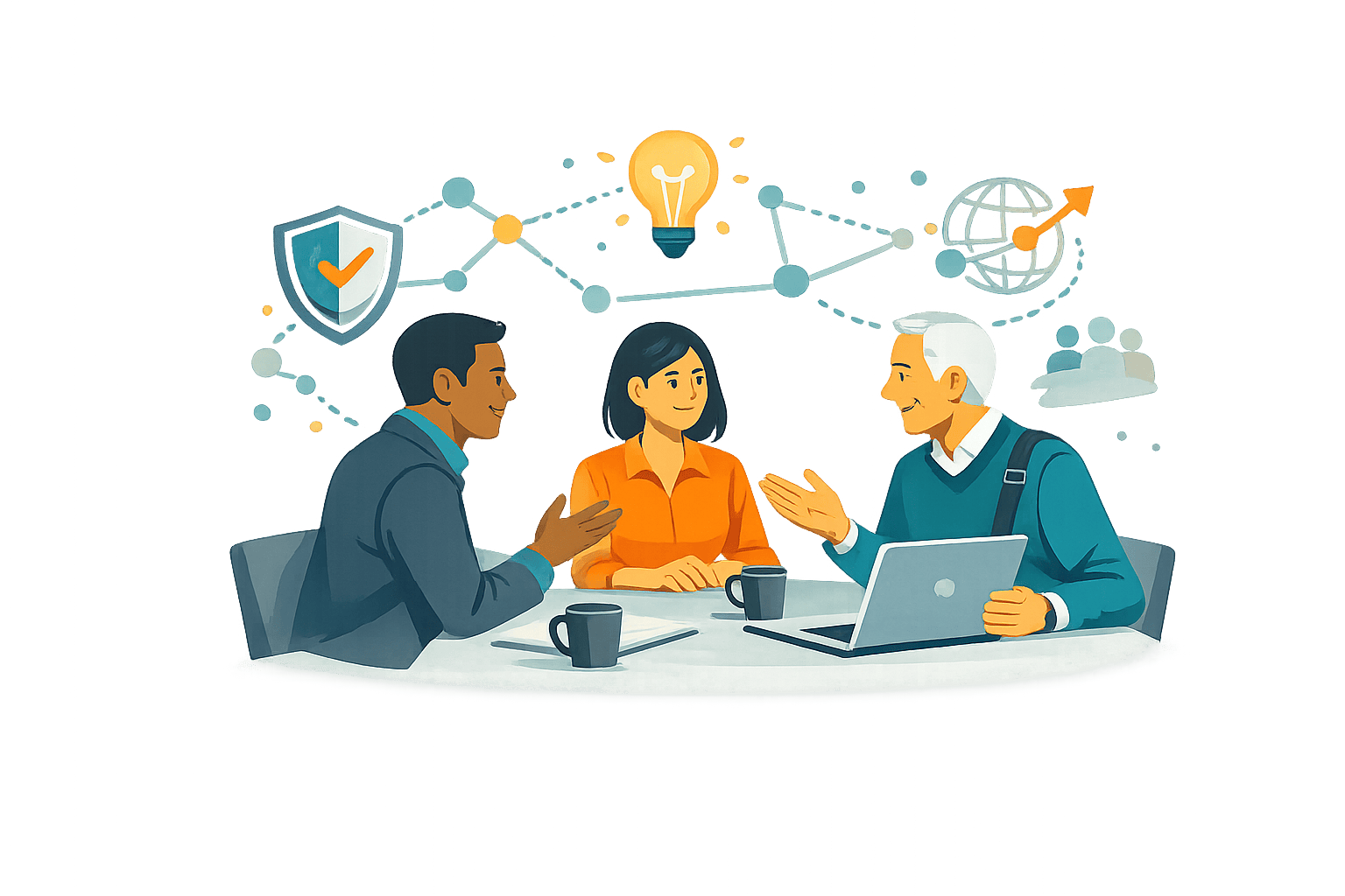 Executives discussing ideas around a table with collaboration icons.