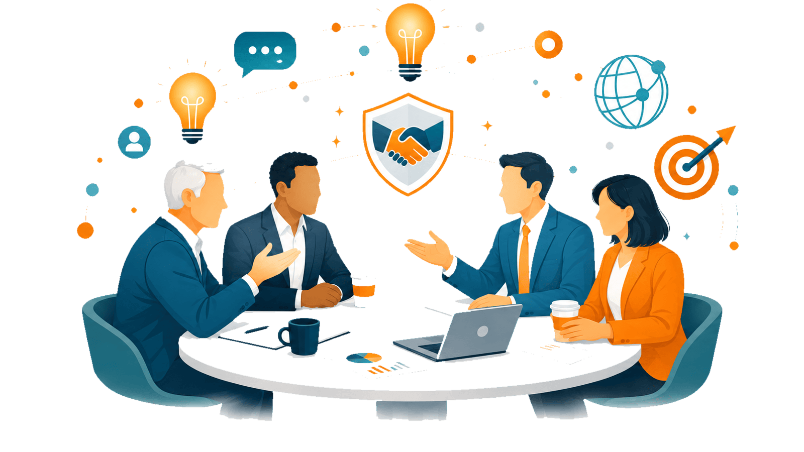 Executives collaborating around a table with idea and partnership icons