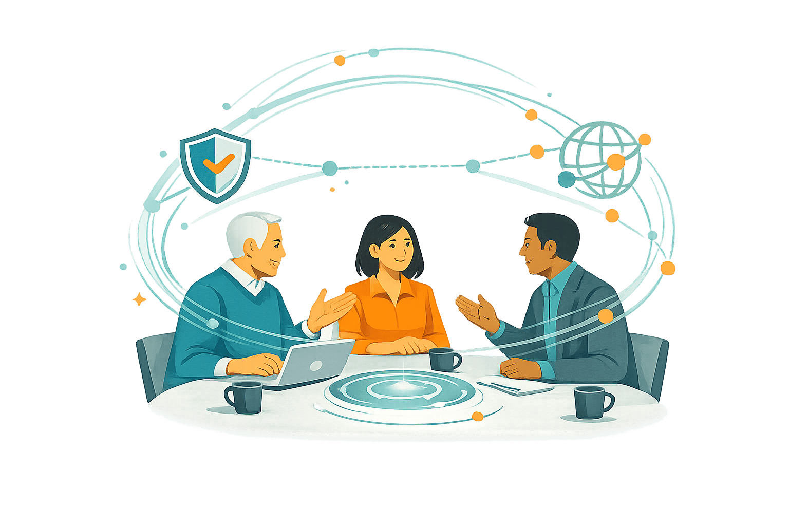 Three executives in a trusted roundtable discussion, surrounded by connected teal and orange community signals that suggest shared insight, credibility, and long-term executive alignment.