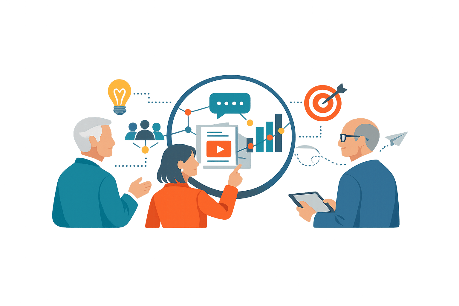 Two business professionals reviewing meaningful market signals and engagement patterns through a clean editorial illustration, with abstract data visuals and conversation cues in teal, gray, and orange.
