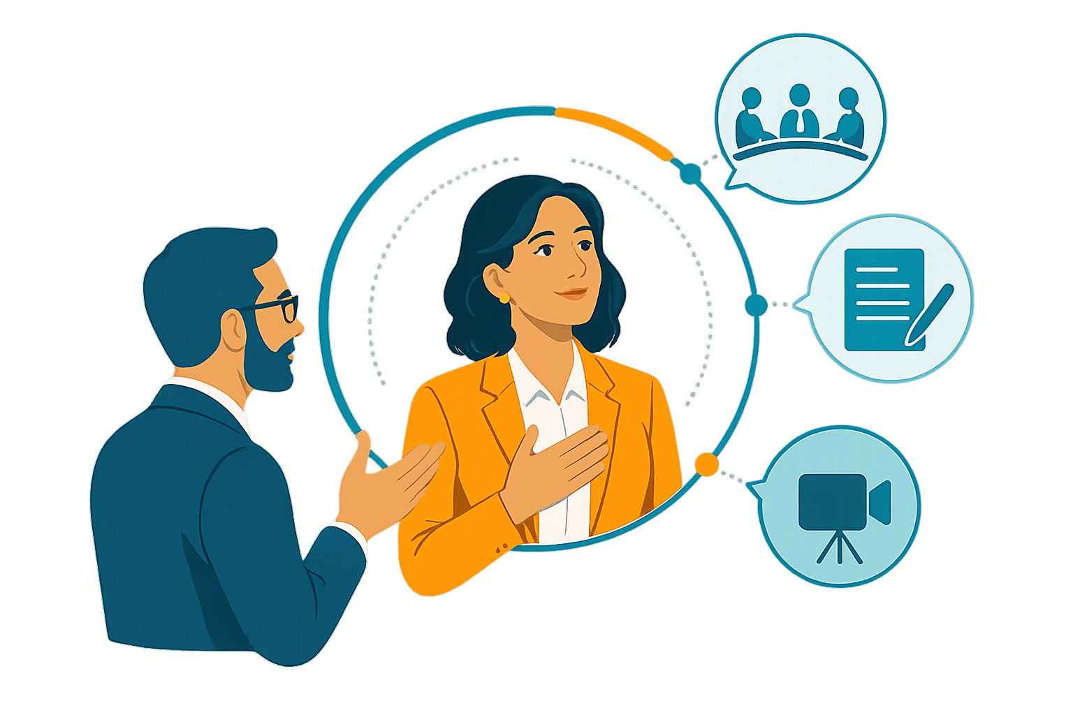 Executive coaching illustration showing a leader preparing to communicate with confidence across panels, blogs, and video conversations.