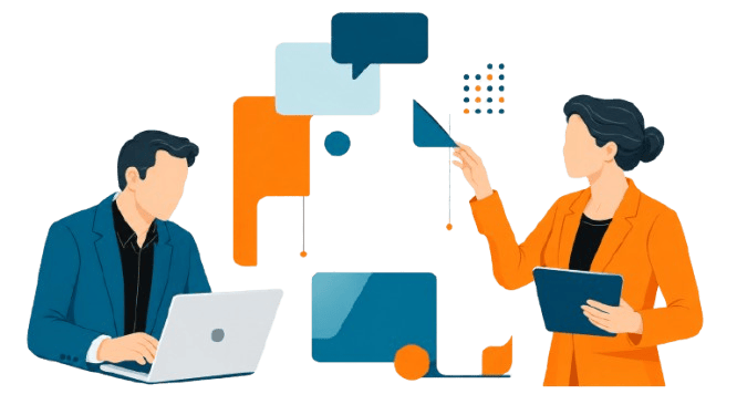 Two professionals shaping layered content blocks and conversation elements, representing collaborative thought leadership and business impact.