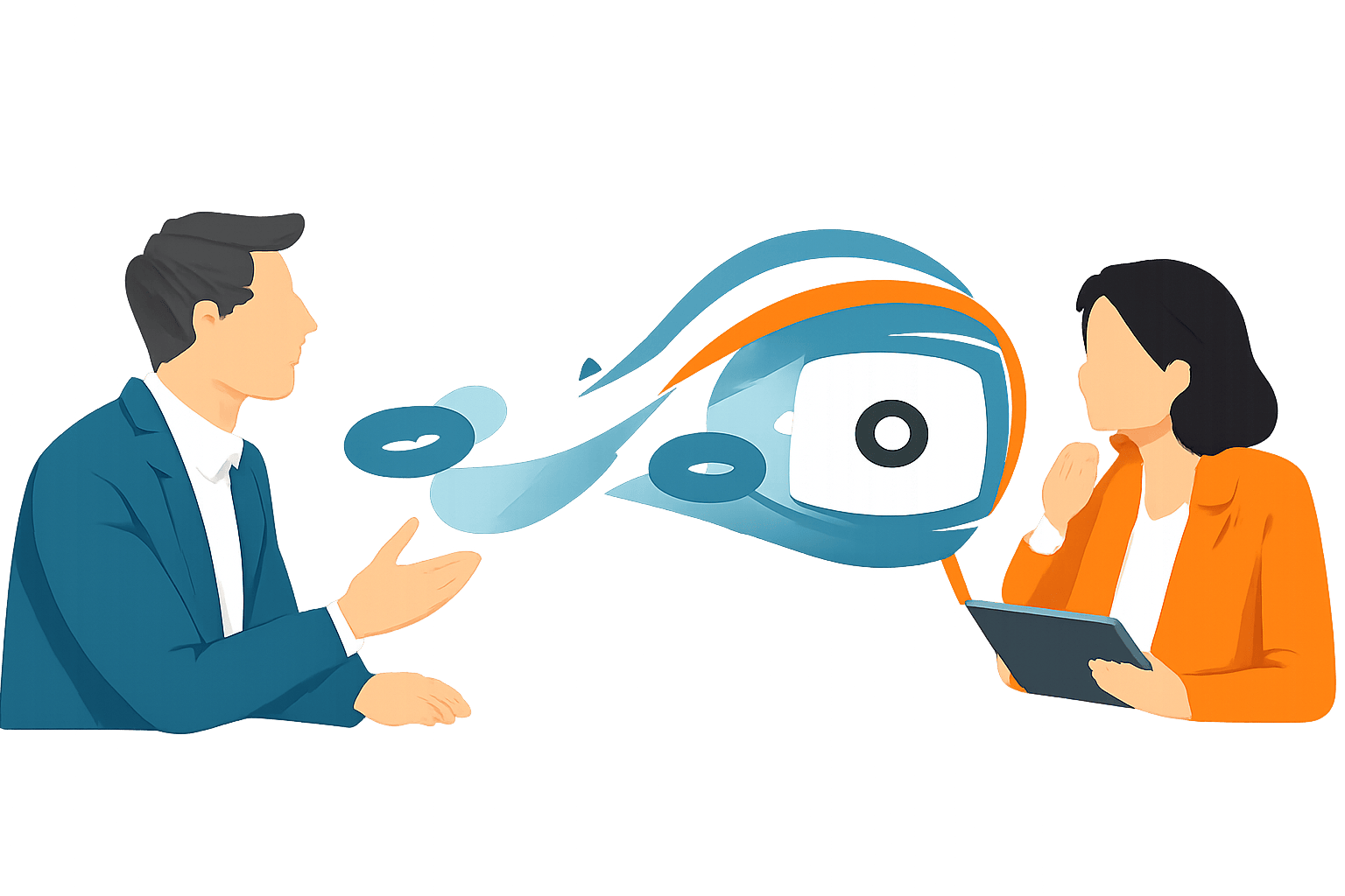 Three leaders in a podcast-style discussion with a play symbol and audio waveform, representing executive video and podcast content.