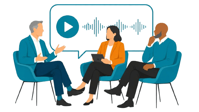 Three leaders in a podcast-style discussion with a play symbol and audio waveform, representing executive video and podcast content.