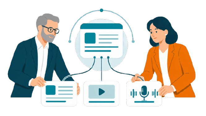 Two professionals connect content formats into one structured program, representing lasting credibility and business impact.