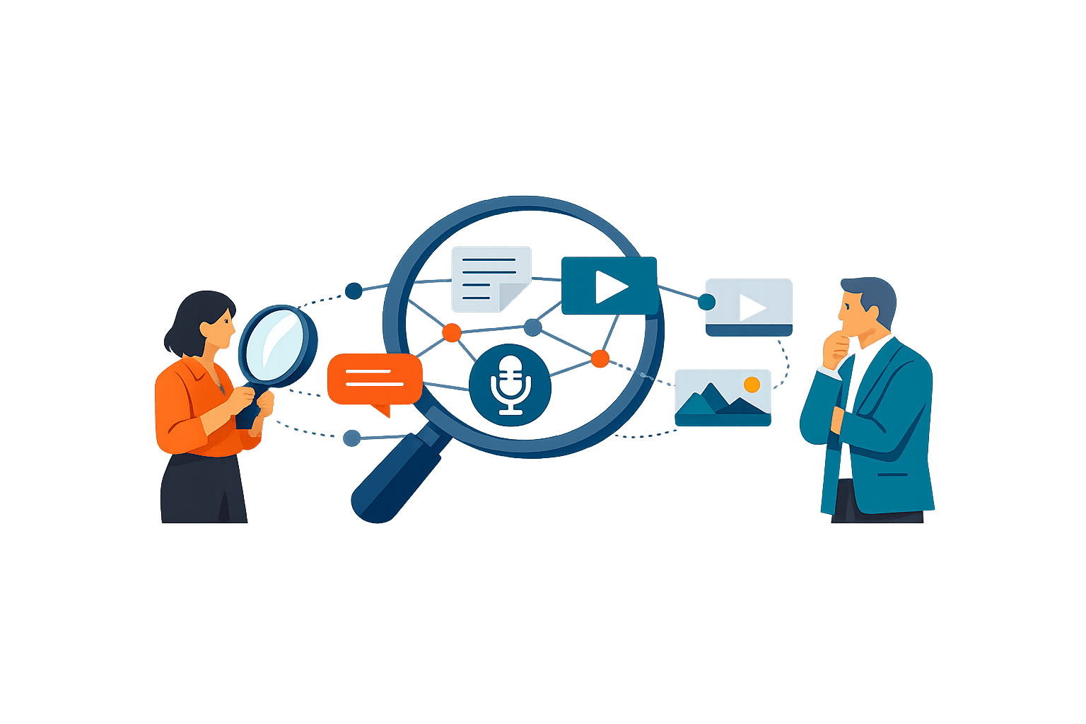 Two professionals examining a connected content system through a magnifying glass, representing aligned blogs, podcasts, videos, and stories built around one credible narrative.