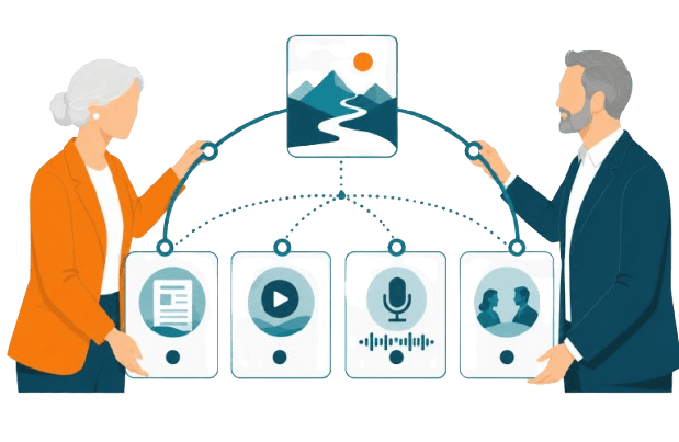 Two professionals review a connected content structure with media blocks and growth signals, representing credible thought leadership built through aligned content.