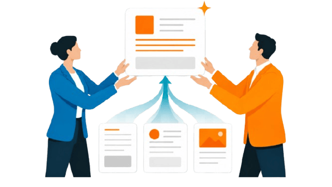 Two professionals elevate multiple content pieces into one stronger executive thought leadership asset, representing research, editorial expertise, and credibility.
