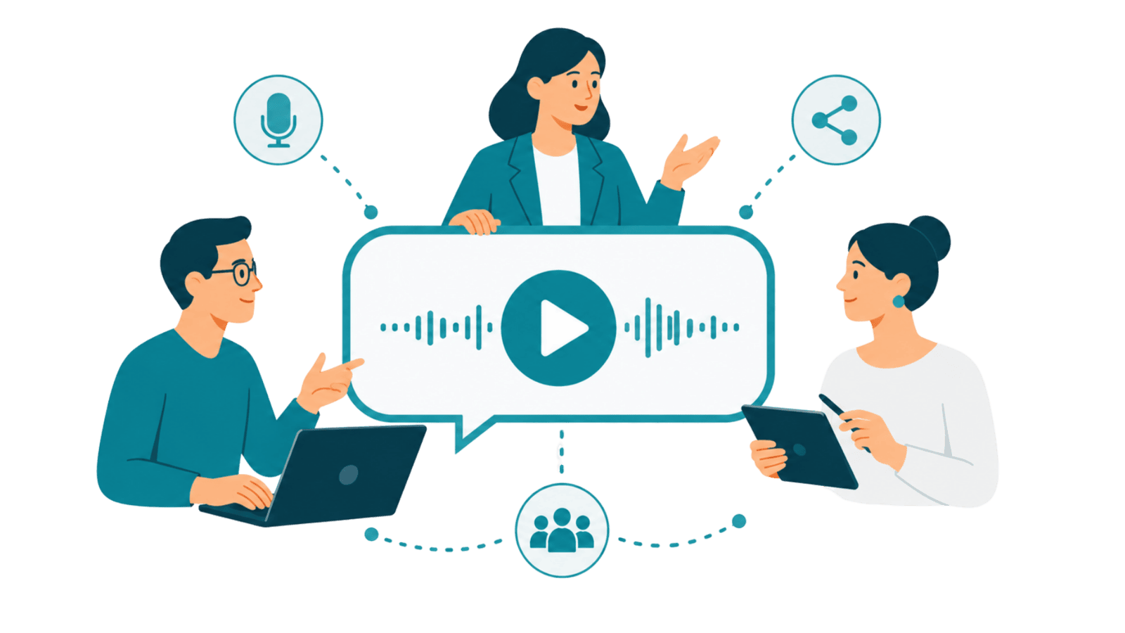 Three professionals plan and share credible media content around a central video and audio panel, representing meaningful podcasts, webinars, and trusted dialogue.
