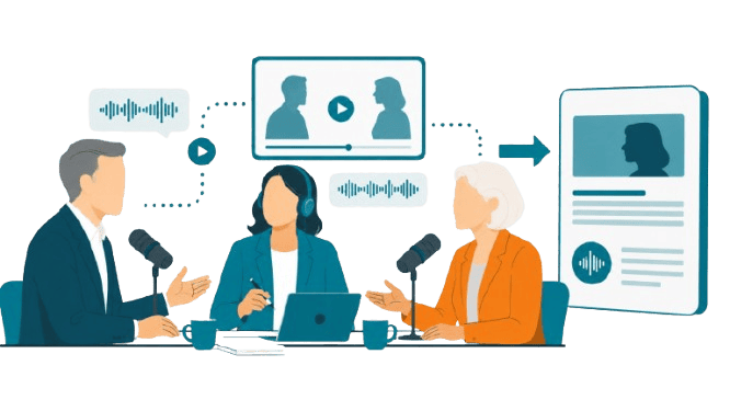 Three professionals turn a podcast discussion into polished thought leadership media, representing credible executive-led content.