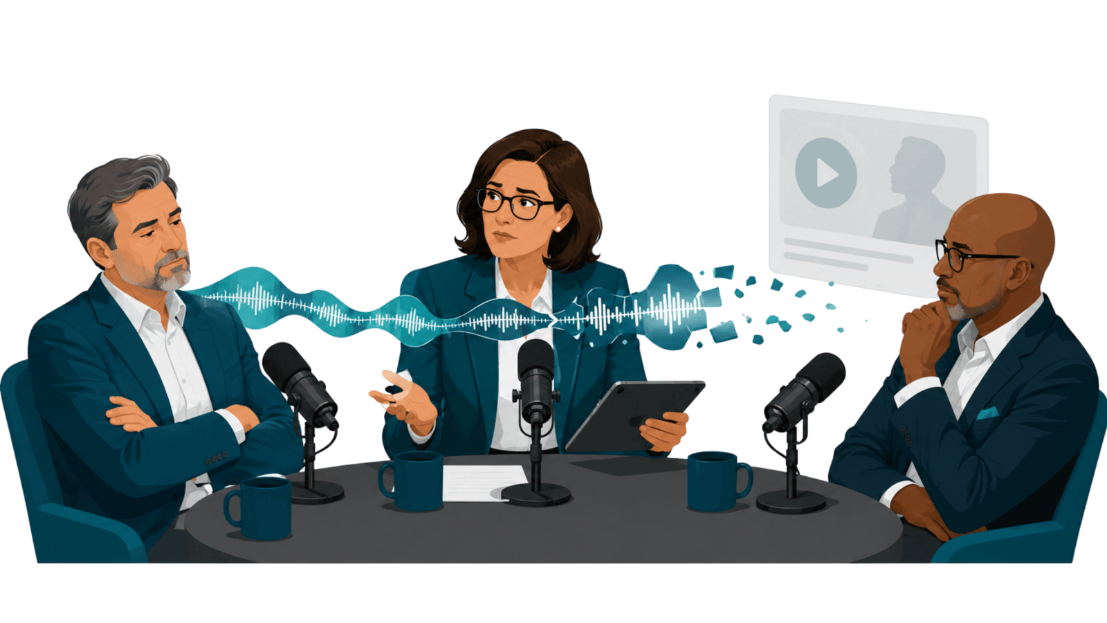 Three professionals in a podcast-style discussion with microphones, a play symbol, and audio waveforms, representing media that builds authority through credible leadership conversations.
