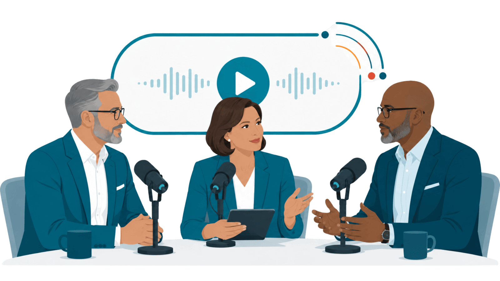 Three professionals sit at a podcast table as a fragmented audio signal breaks across the conversation, representing weak execution, low engagement, and media efforts that fail to build credibility.