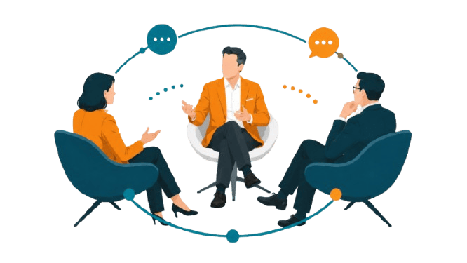 Three professionals in a curated roundtable conversation, connected by dialogue cues that represent a thoughtfully designed discussion built to bring the right voices together and create impact.