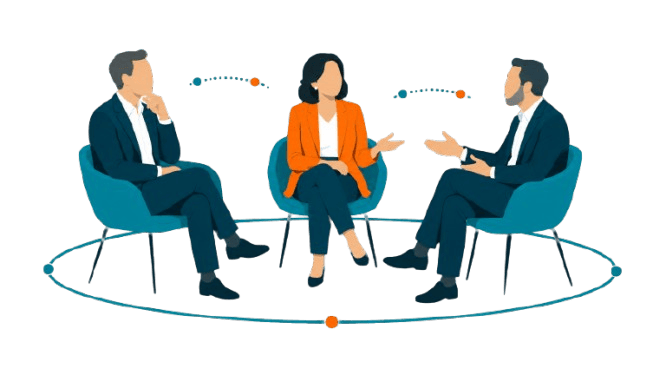 Three executives in a curated discussion setting, representing live experiences that create trusted strategic dialogue.