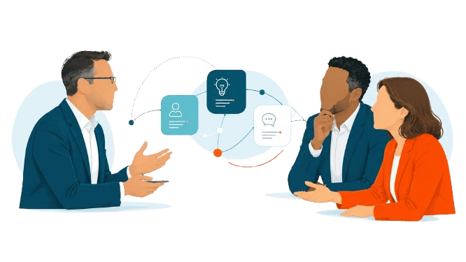 Two leaders discussing work at a table with icons showing trust and growth.