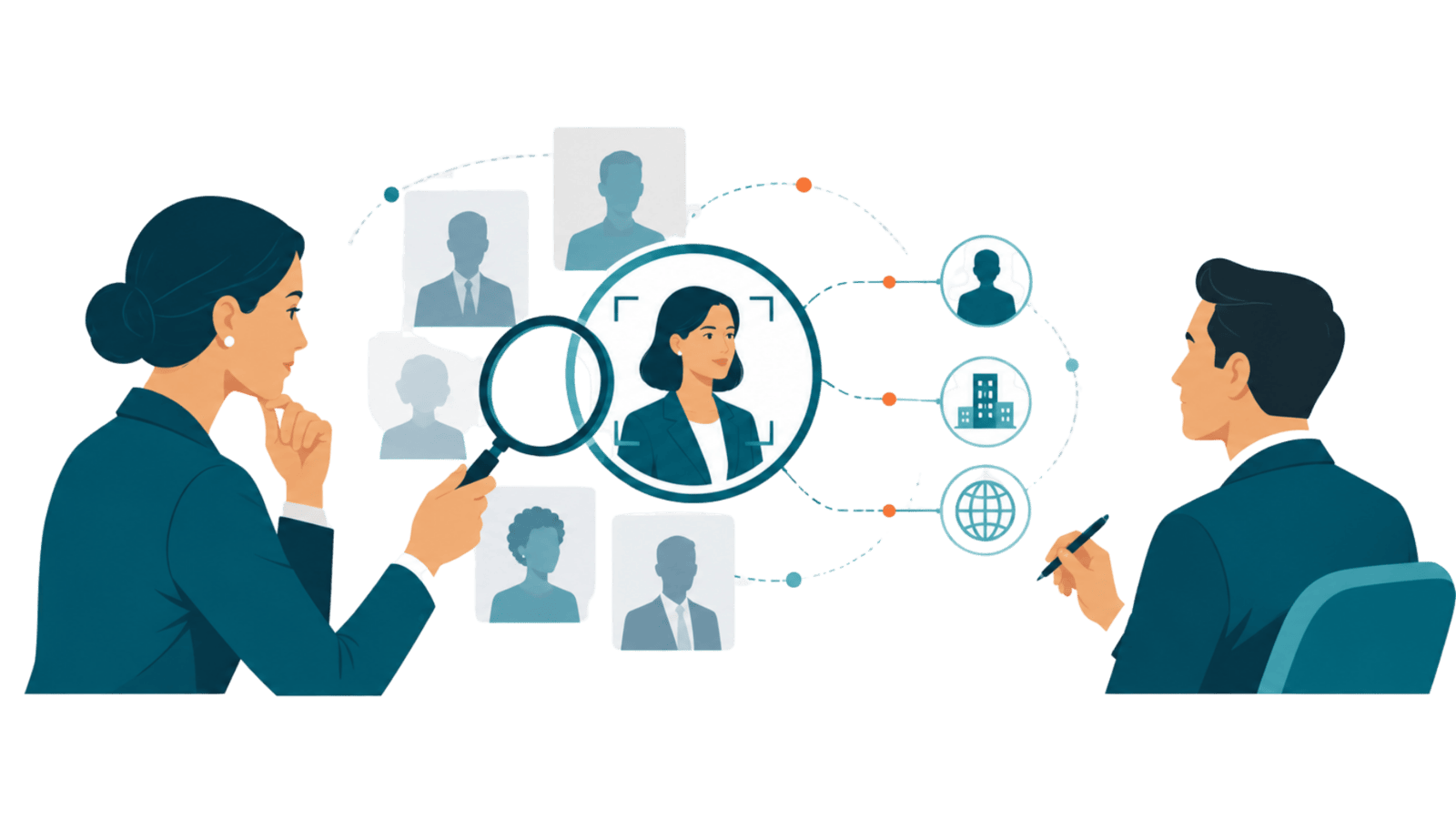 Contact discovery illustration showing verified decision-makers and profile validation using search and magnification tools.