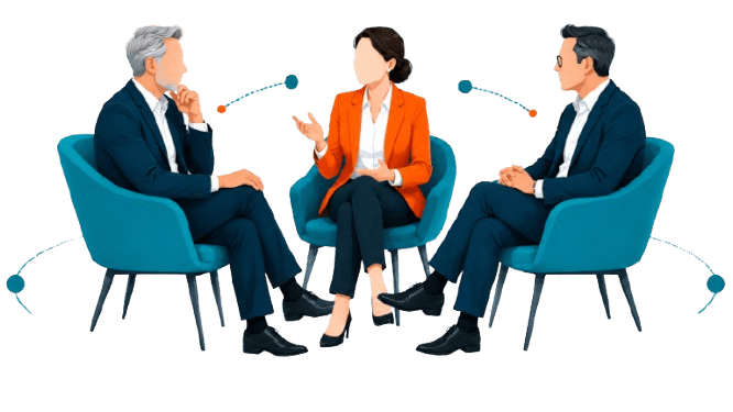 Three executives in a curated roundtable discussion, representing matched leaders, trusted outreach, and meaningful strategic conversation.