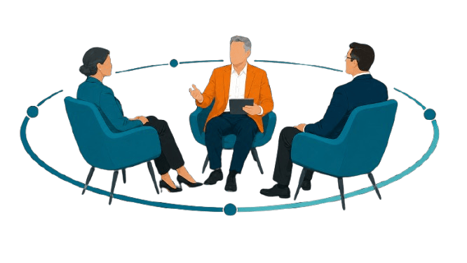 Three executives in a curated discussion, representing audience curation, qualified participation, and high-quality strategic dialogue.