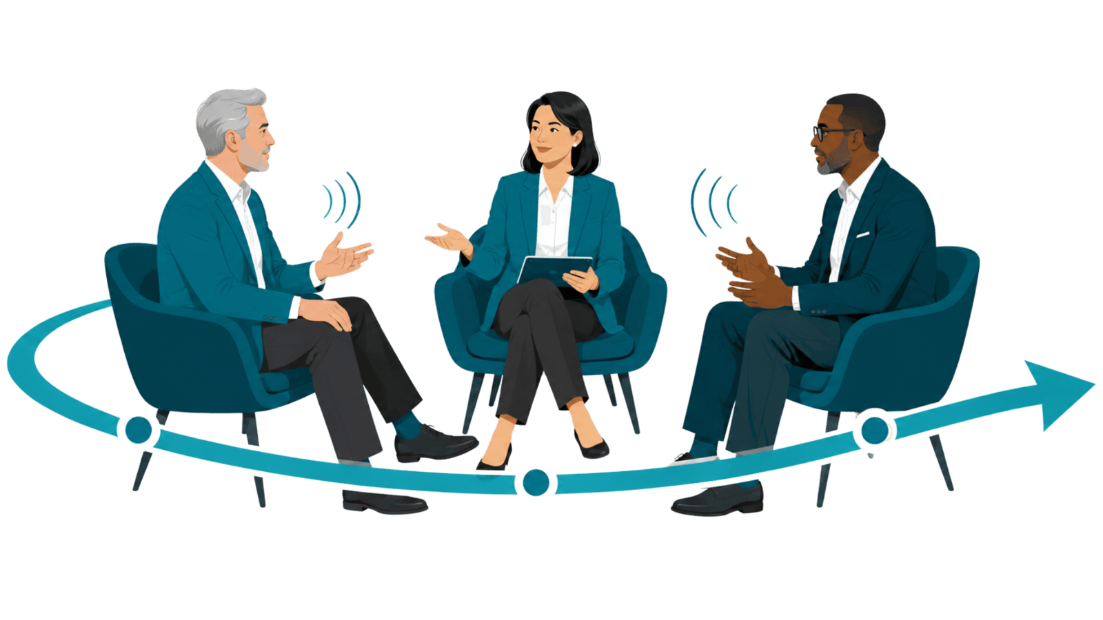 Three professionals in a guided executive discussion, representing moderation that creates momentum, balanced voices, and actionable outcomes.