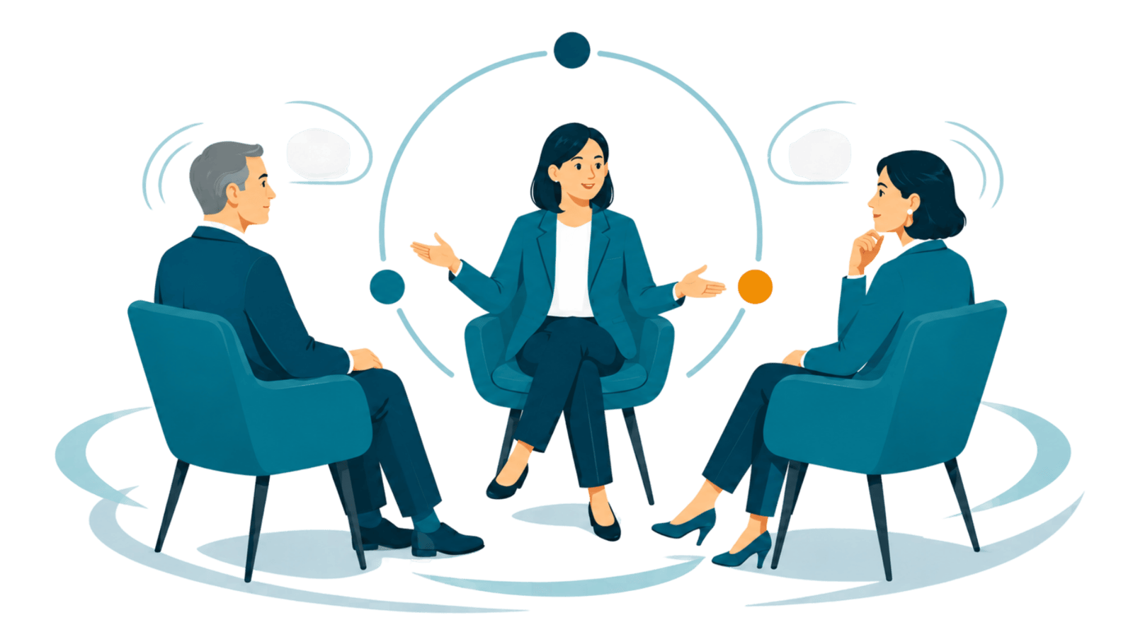 Three professionals in a moderated executive discussion, representing guided conversations that create insight, relevance, and clear outcomes.