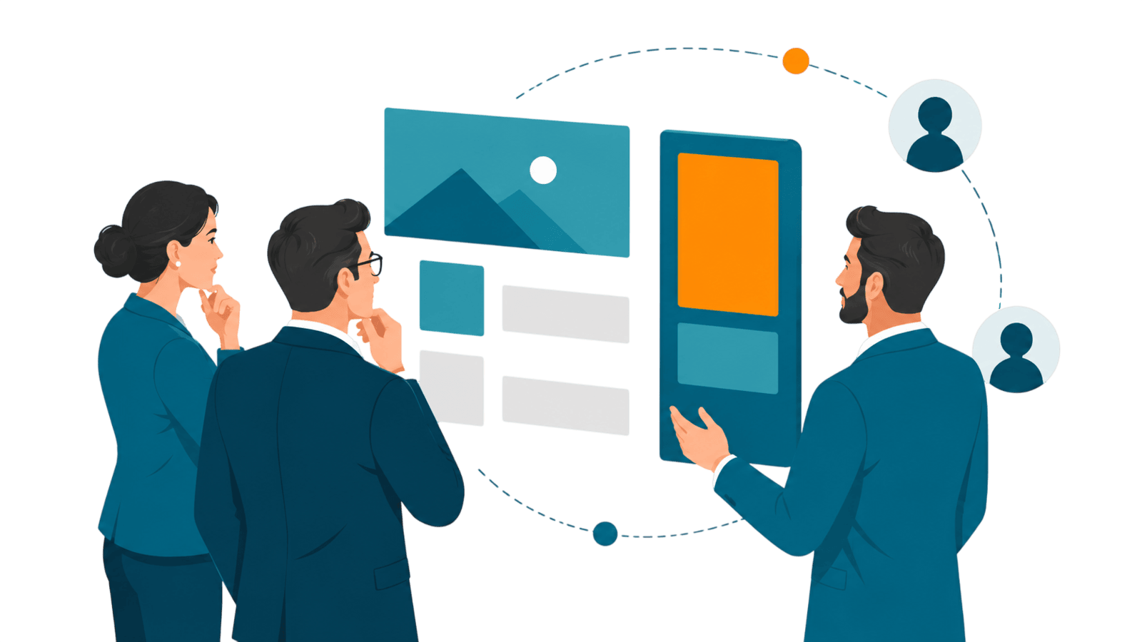 Two professionals shape a connected campaign path across audience, content, and engagement stages, representing a strategy that moves the market and delivers results.