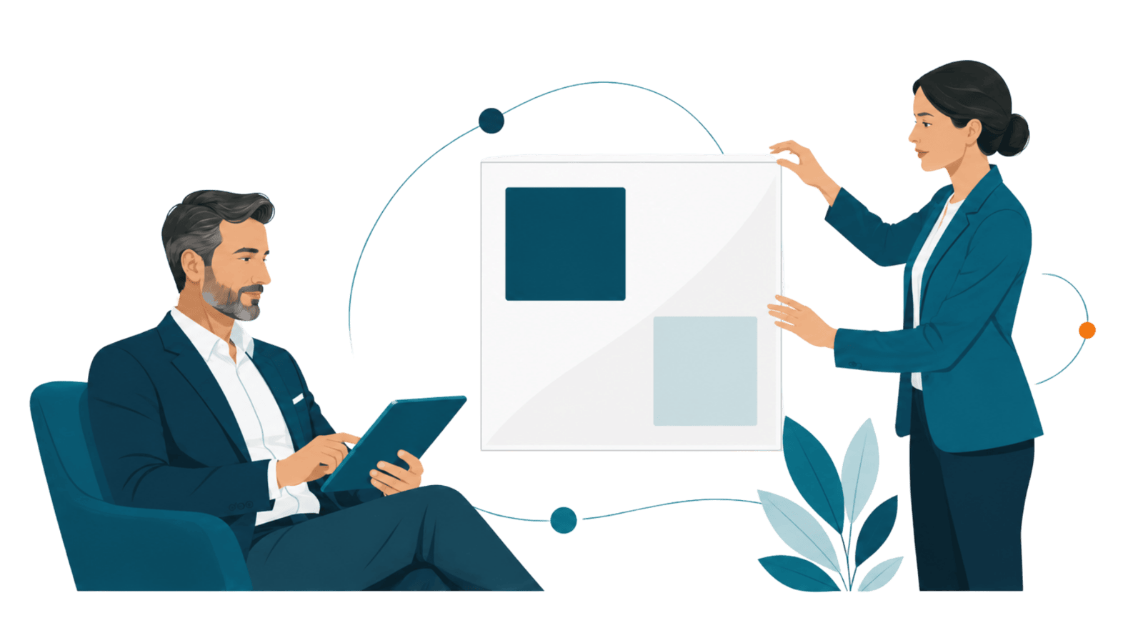 Two professionals connect strategy, content, events, and audience engagement into one continuous campaign flow, representing integrated campaigns that create clarity, momentum, and results.