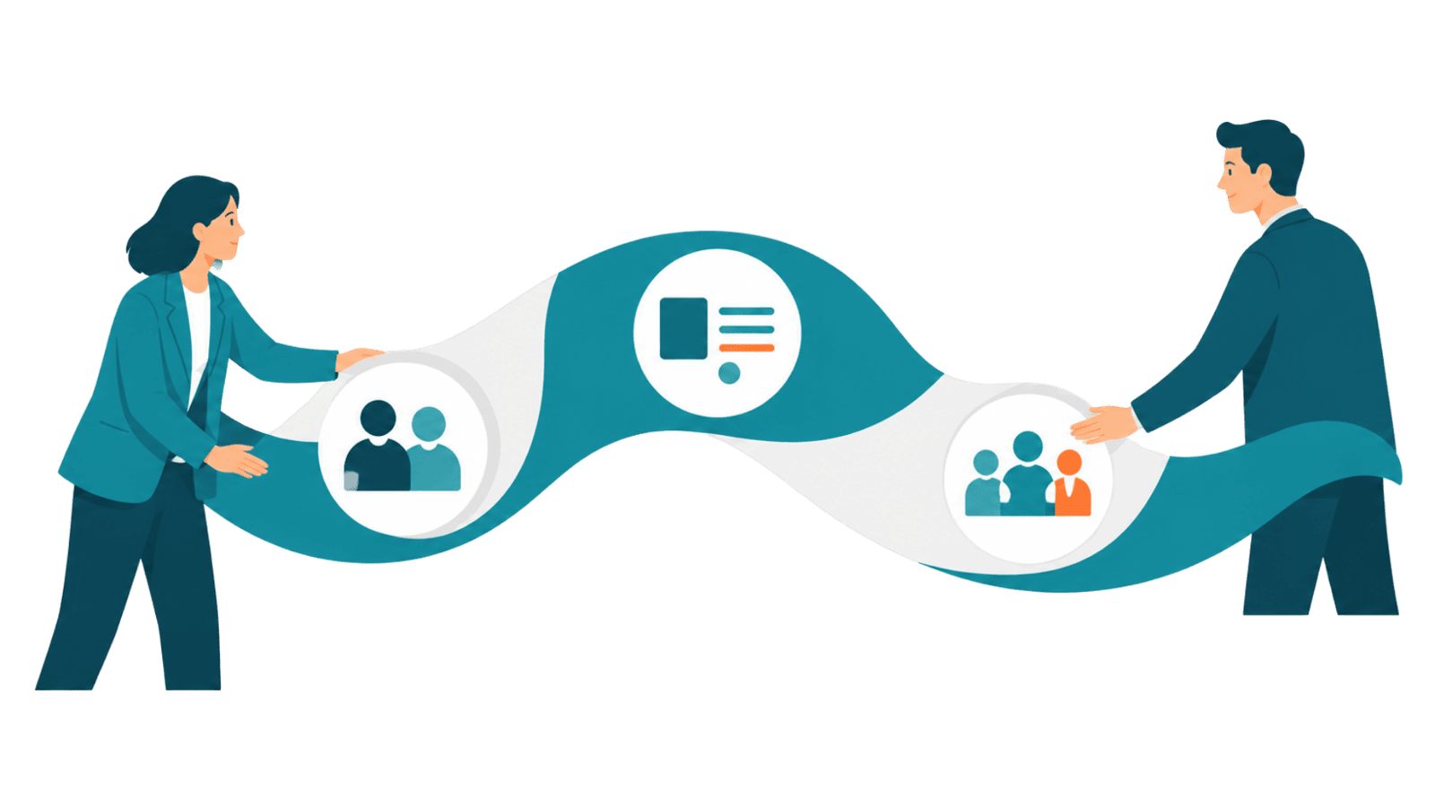 Two professionals shape a connected campaign path across audience, content, and engagement stages, representing a strategy that moves the market and delivers results.
