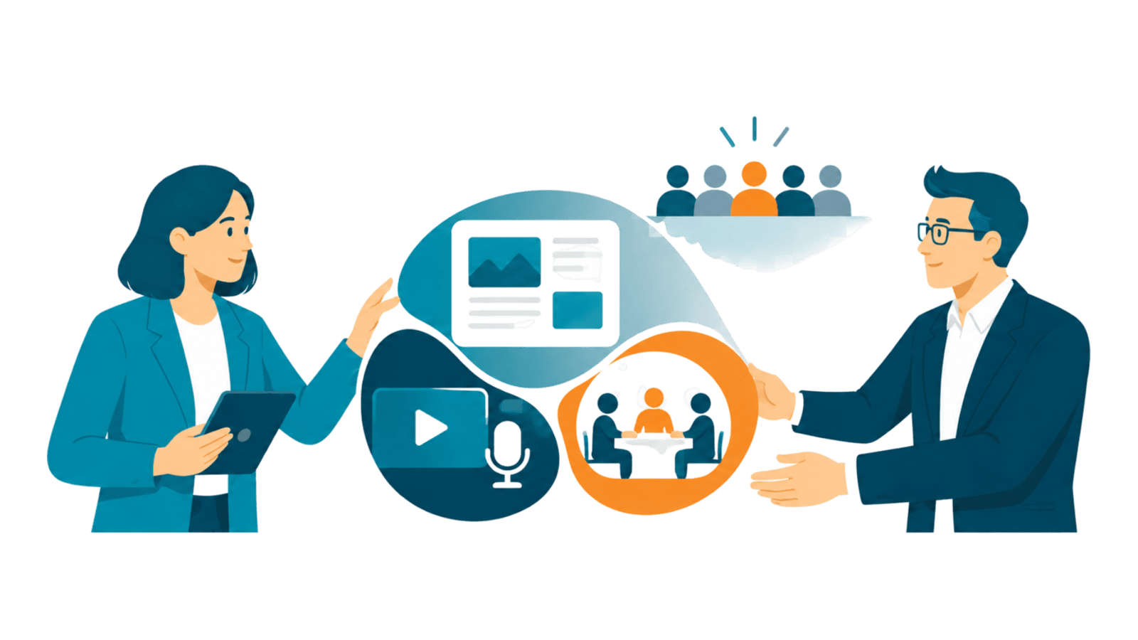 Two professionals connect events, media, research, and audience engagement into one integrated campaign, representing unified thought leadership that drives results.