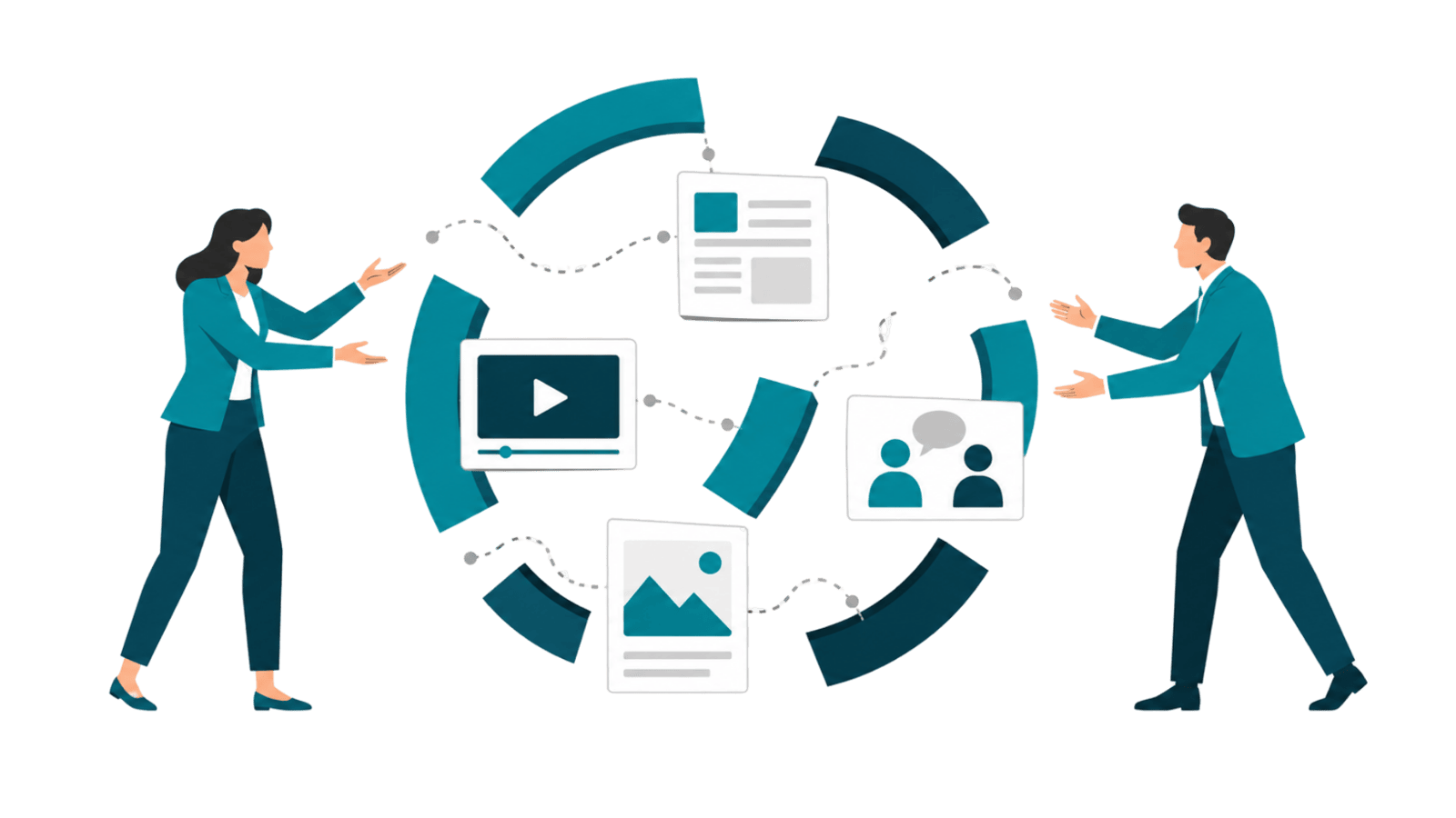 Two professionals face disconnected content assets and broken campaign loops, representing fragmented marketing that weakens narrative, momentum, and trust.