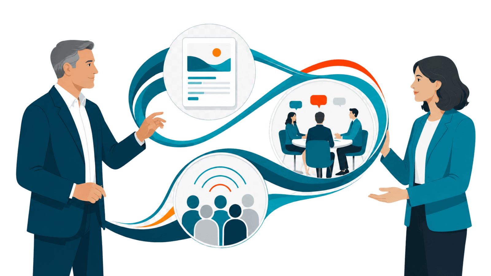 Two professionals connect strategy, content, events, and audience engagement into one continuous campaign flow, representing integrated campaigns that create clarity, momentum, and results.