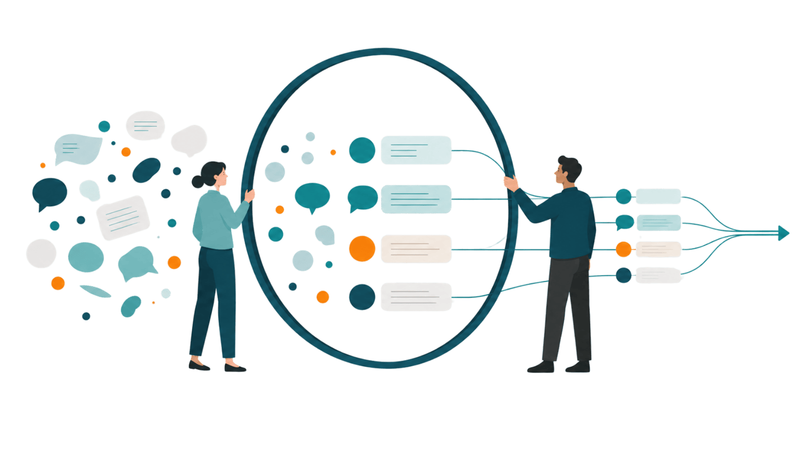 Two professionals clarify scattered audience signals into a focused campaign path, representing the right approach before scaling market activity.