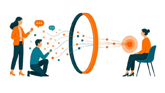 Two professionals turn scattered market signals into a clear buyer-focused path, representing credible demand built through insight, messaging, content, conversations, and follow-up.