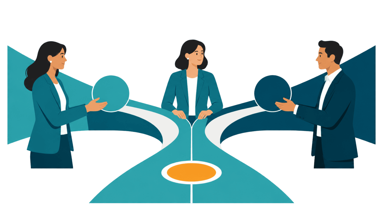 Three professionals align partner value and audience needs into one shared campaign path, representing partner marketing built for trust, collaboration, and measurable results.