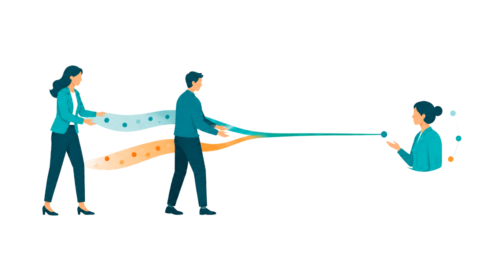 Three professionals align partner messaging into one shared path, representing co-branded thought leadership that turns partnership investment into influence, pipeline, and measurable impact.