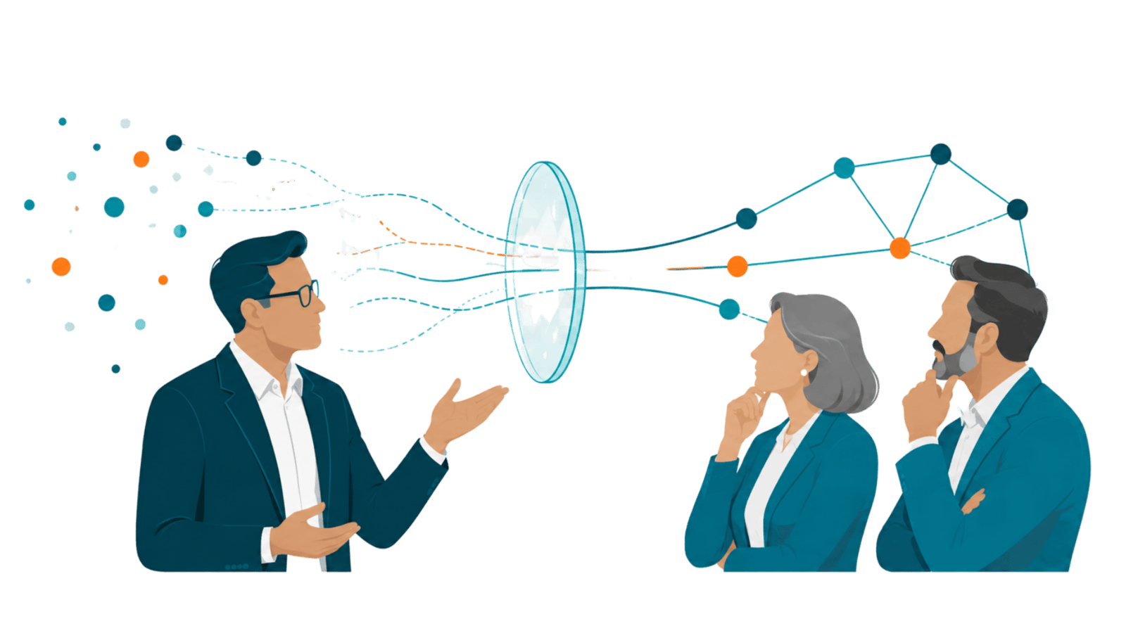 Three executives exchange focused ideas as signals move through a clarity lens into a connected influence network, representing strategic thought leadership that elevates trusted industry voices.