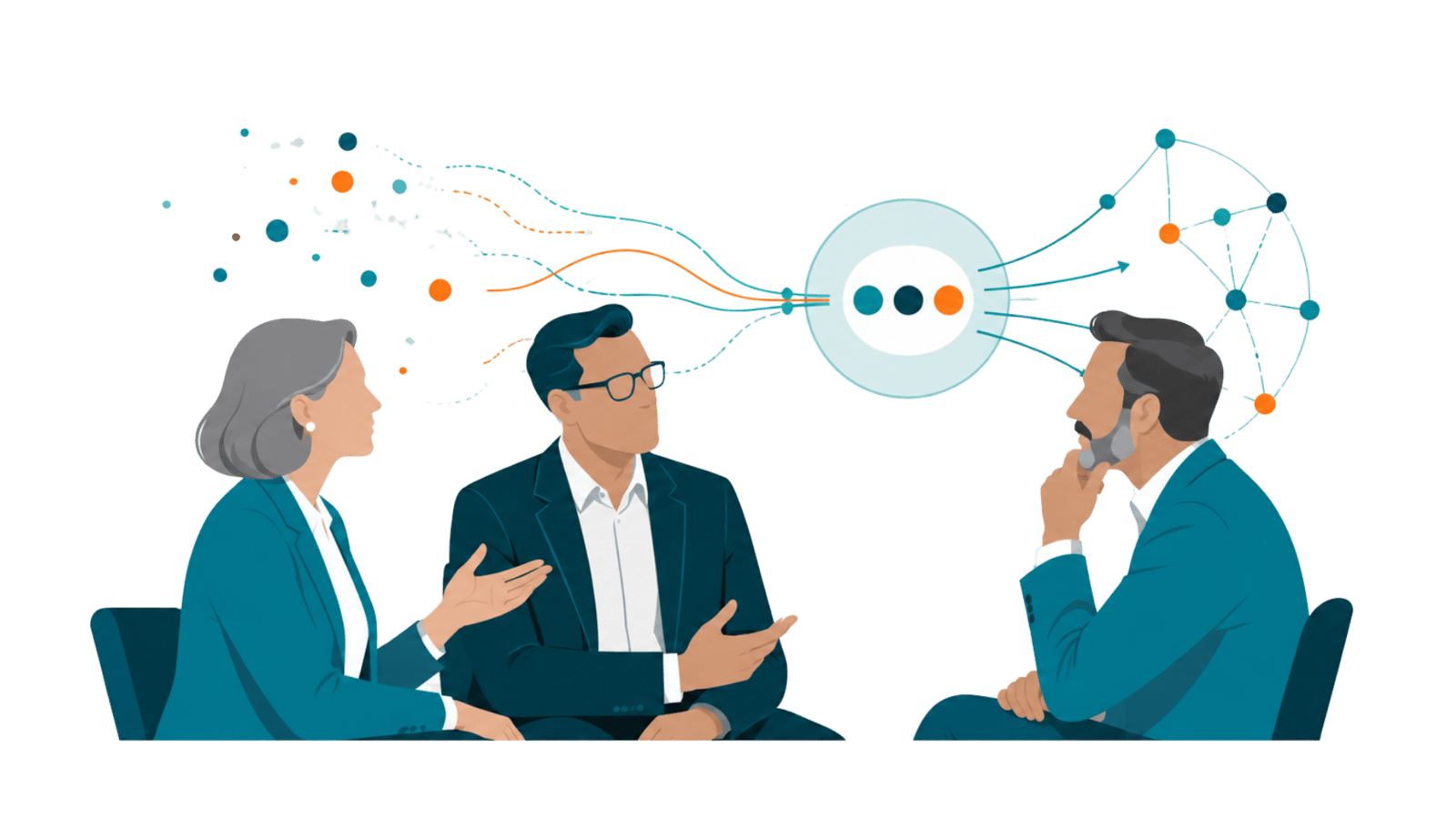 Three executives exchange ideas as scattered signals become a connected influence network, representing thought leadership that builds credibility and moves industry conversations forward.