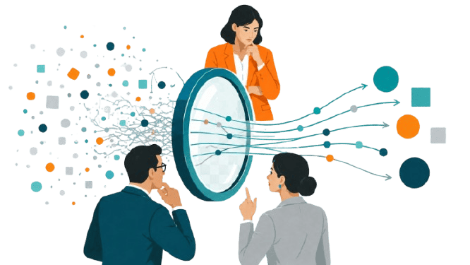 CTN AON message on credibility over noise and a trust-based illustration of professionals filtering structured signals.