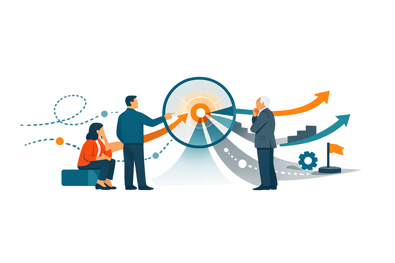 Choose the outcome first” with illustration of professionals aligning toward a target and directional arrows indicating focused business motion.
