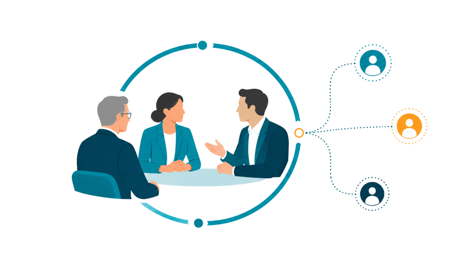 Three executives in a focused discussion connected to audience nodes, representing strategic events that turn meaningful conversations into credibility, visibility, and follow-up.