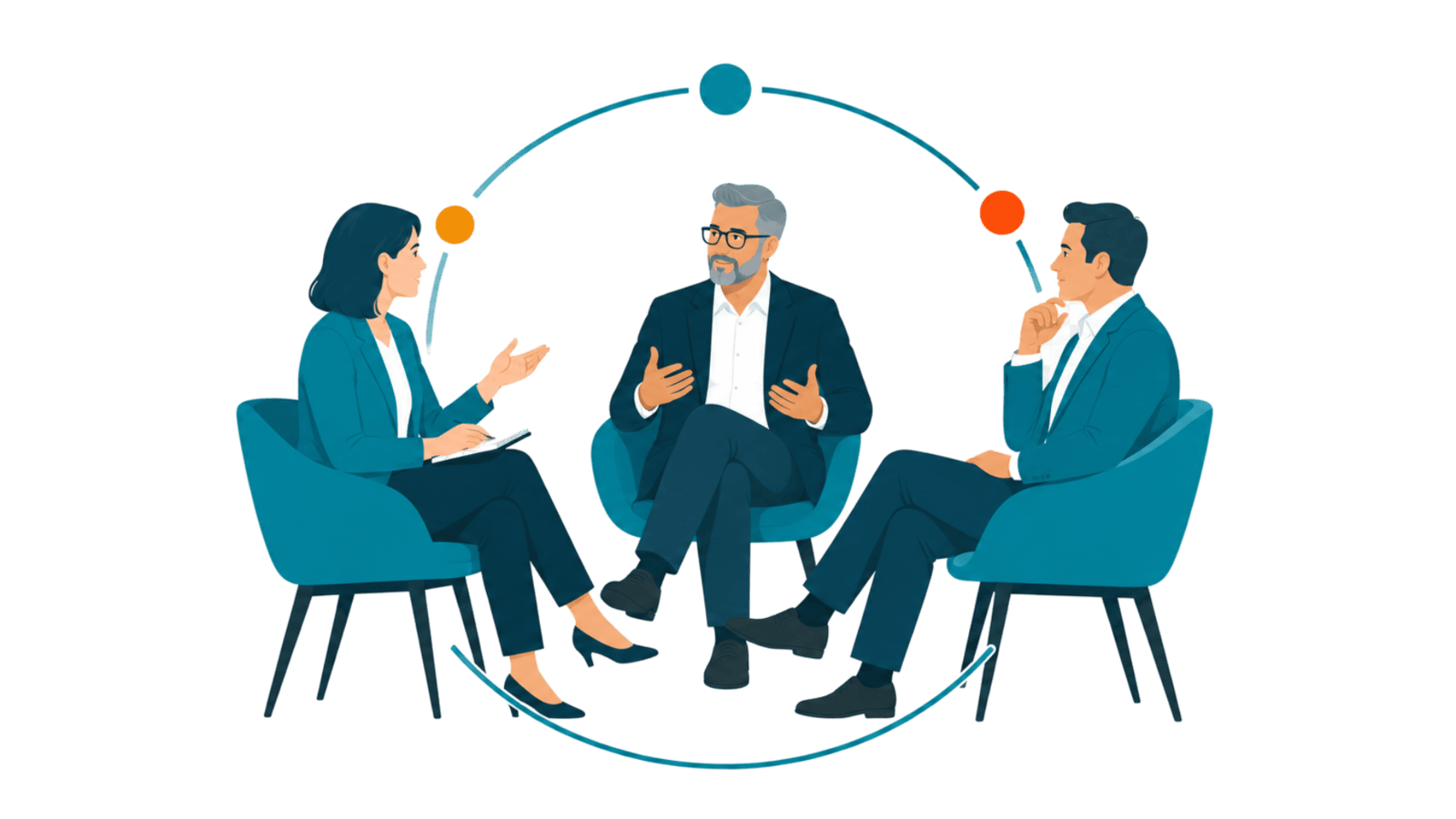 Three executives in a focused roundtable discussion, representing strategic events that build credibility through meaningful conversation, professional moderation, and trusted leadership dialogue.
