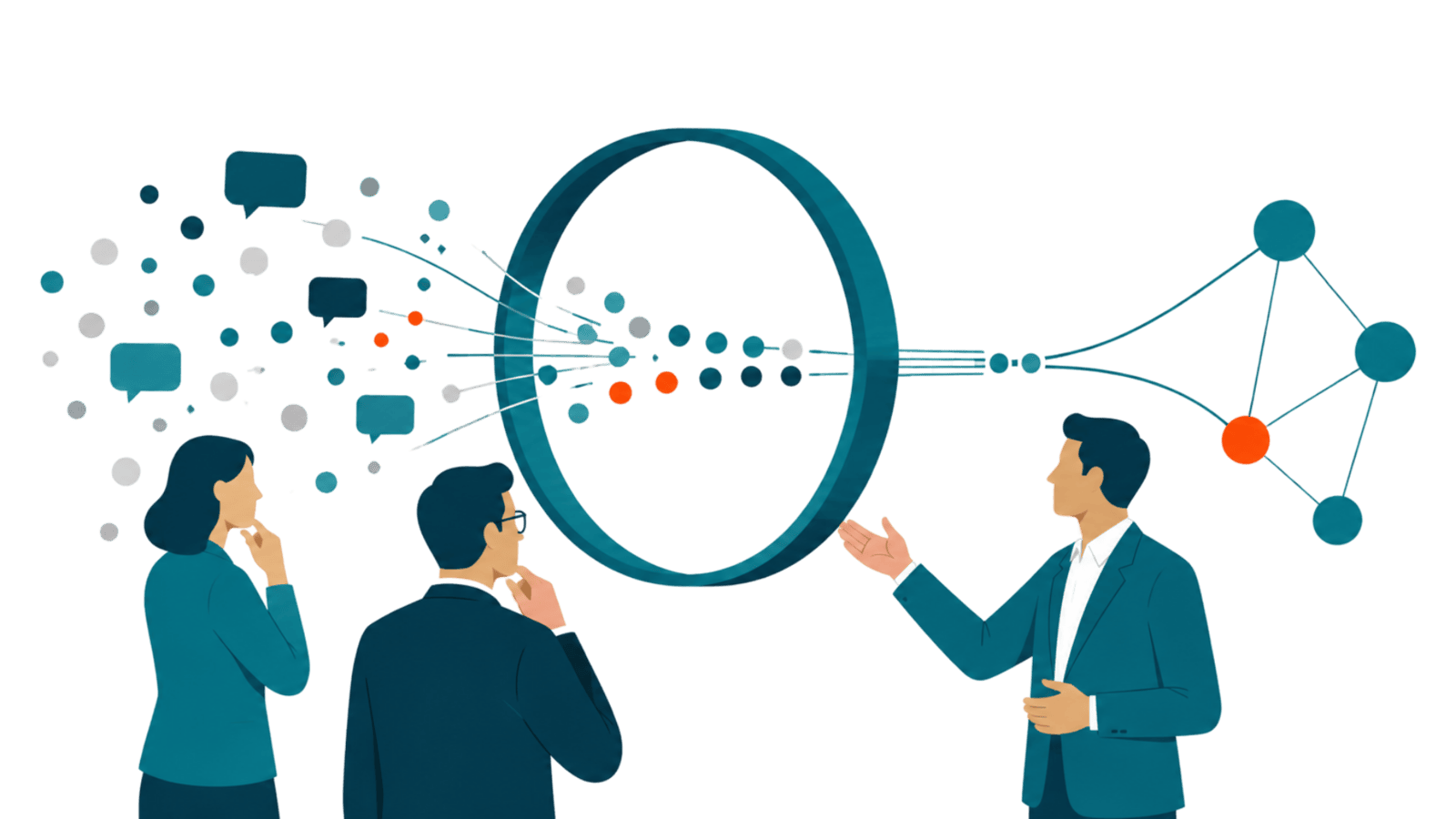 Three professionals turn scattered visibility signals into a clear credibility network, representing how expertise, exposure, evidence, and empathy build trust and new opportunities.