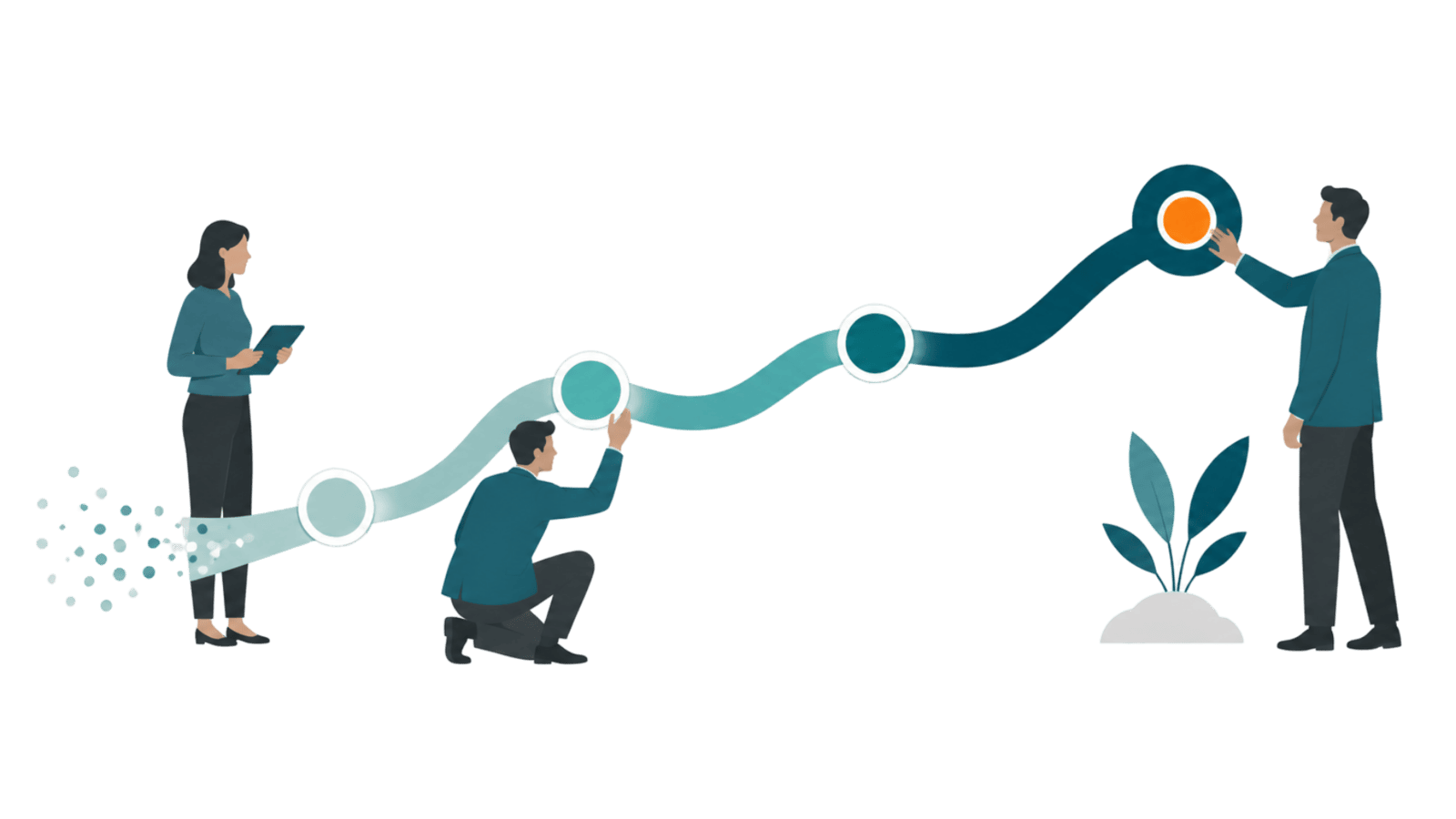 Three professionals move along a clear credibility path, representing the connected stages that help leaders progress from visibility to trust and new opportunities.