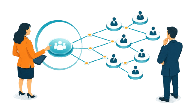 APEX account expansion illustration showing a central account connected to multiple executive relationships.