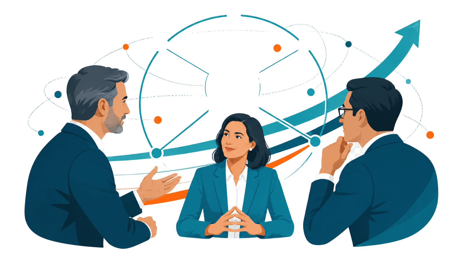 Three executives discuss alignment and industry leadership around a connected impact network, representing collaboration, innovation, and shared business growth.